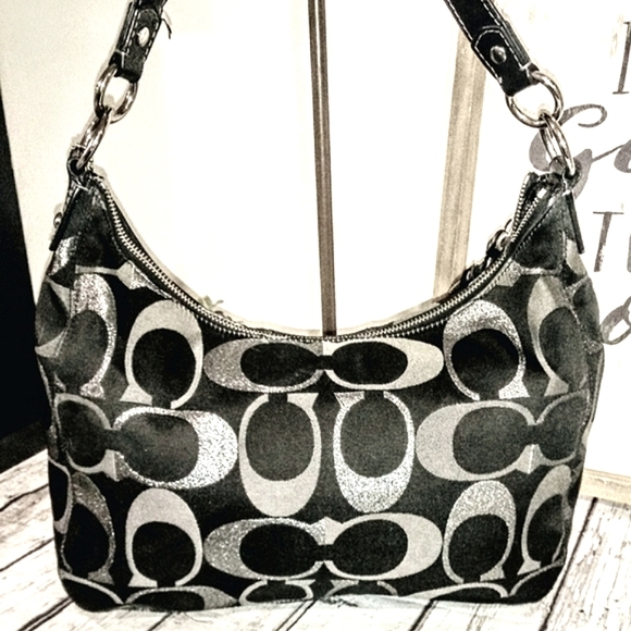 💎 Coach 3 Color Black Metallic Silver Signature Stripe Convertible Satchel Bag - Picture 7 of 12